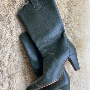 Green Leather Boots by Gestuz, Western Cowboy Heeled Size 39